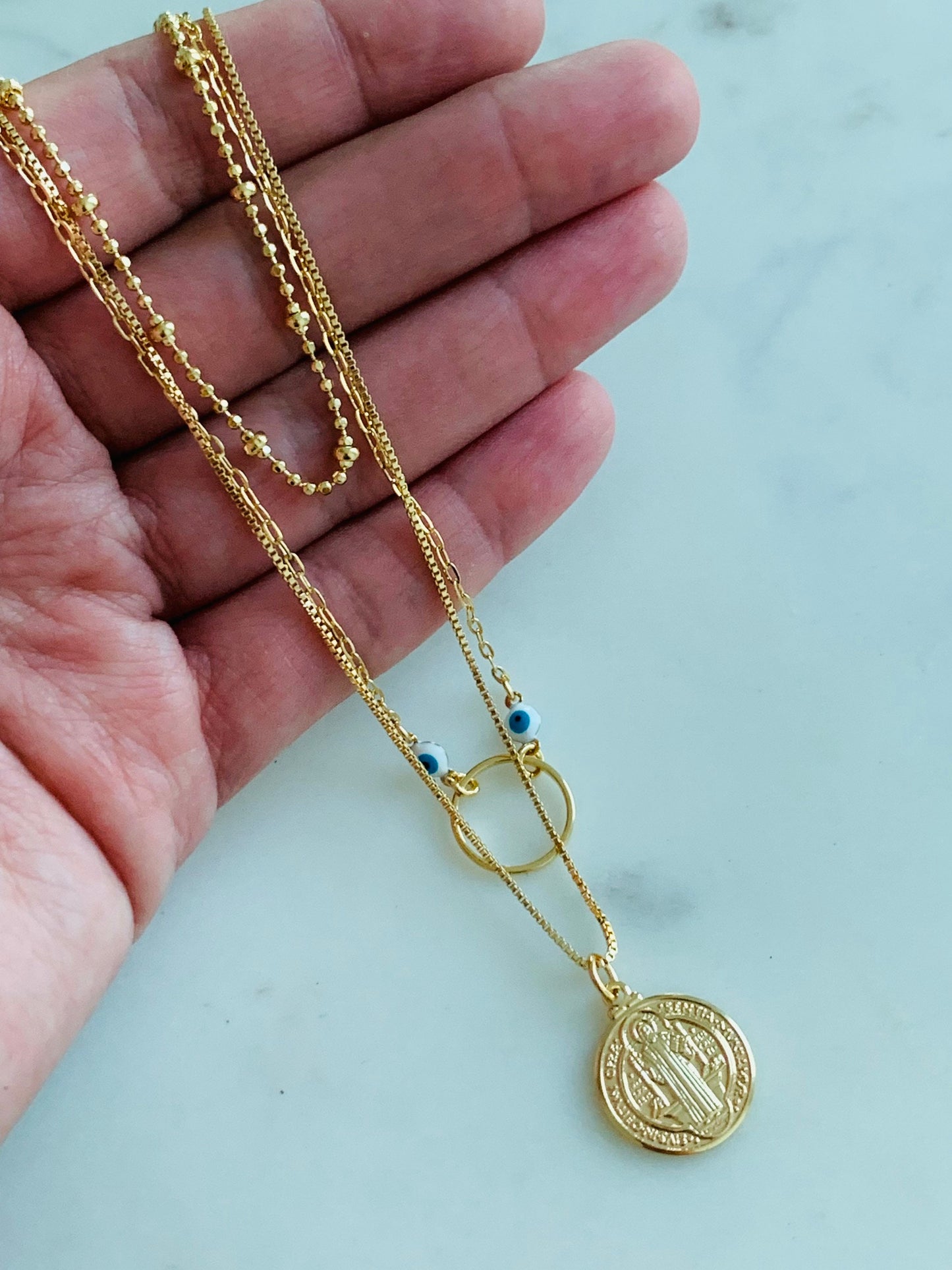 Gold Filled Layered Necklace | Saint Benedict Charm | 15" + 2"