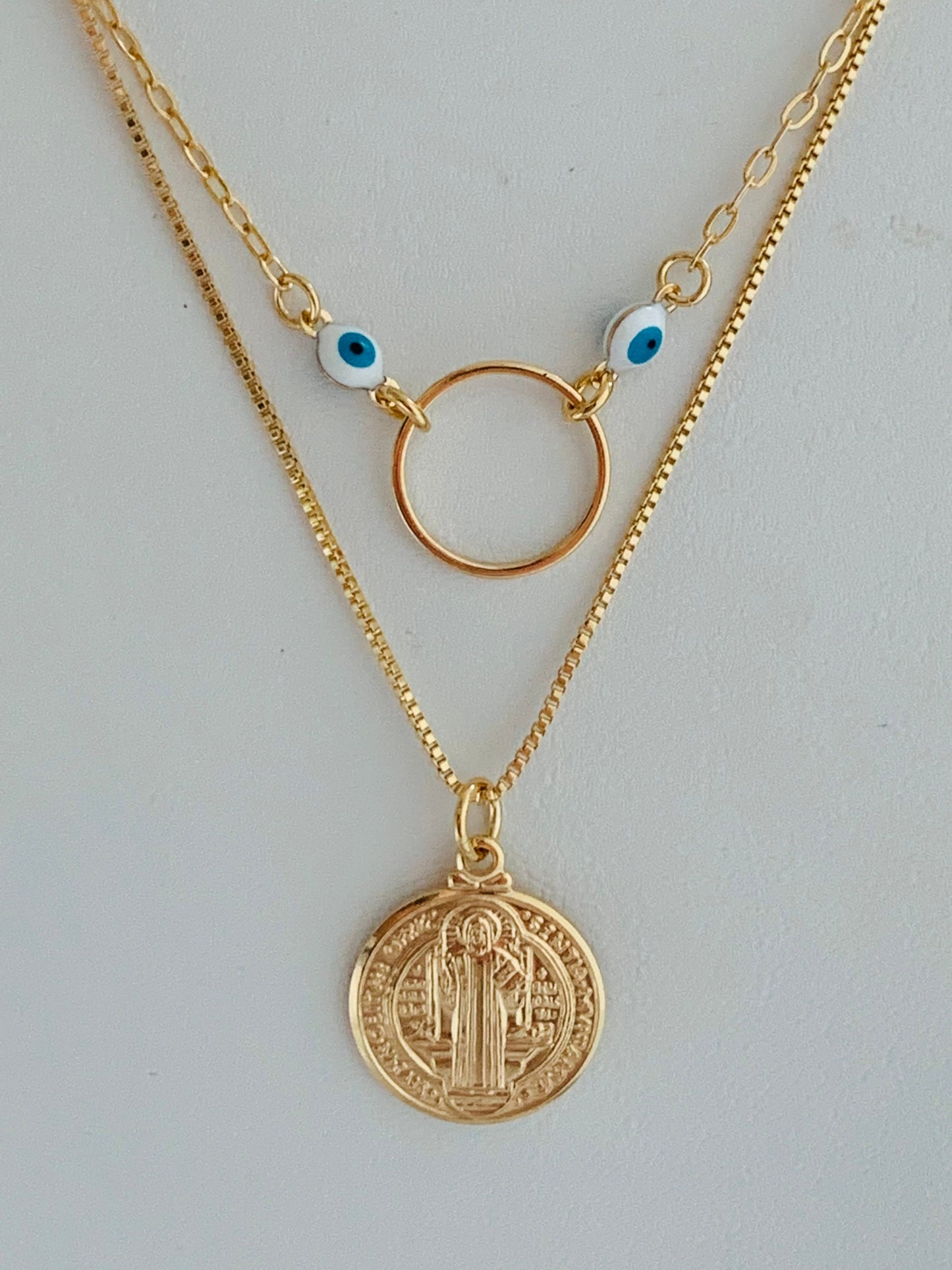Gold Filled Layered Necklace | Saint Benedict Charm | 15" + 2"