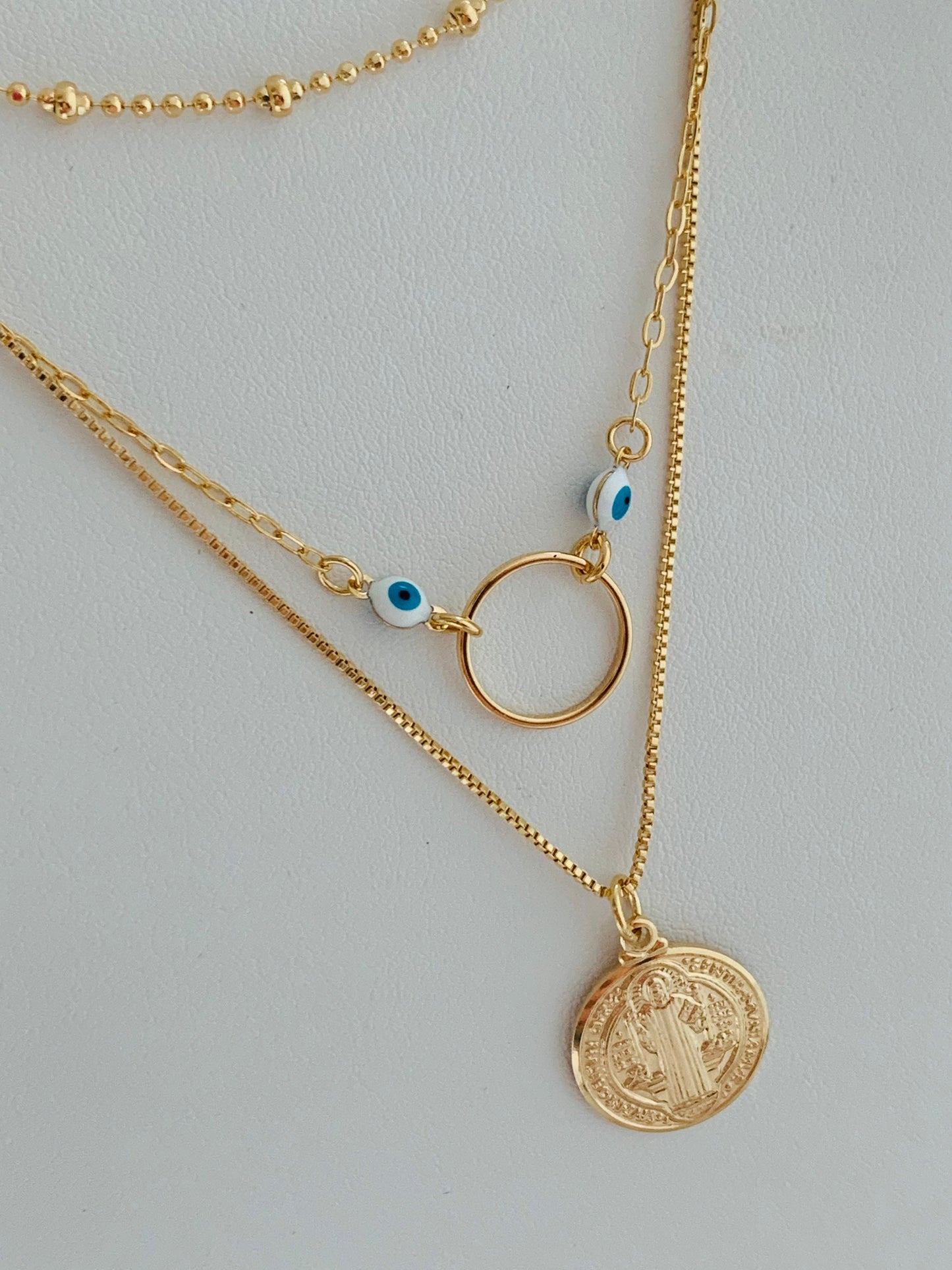 Gold Filled Layered Necklace | Saint Benedict Charm | 15" + 2"