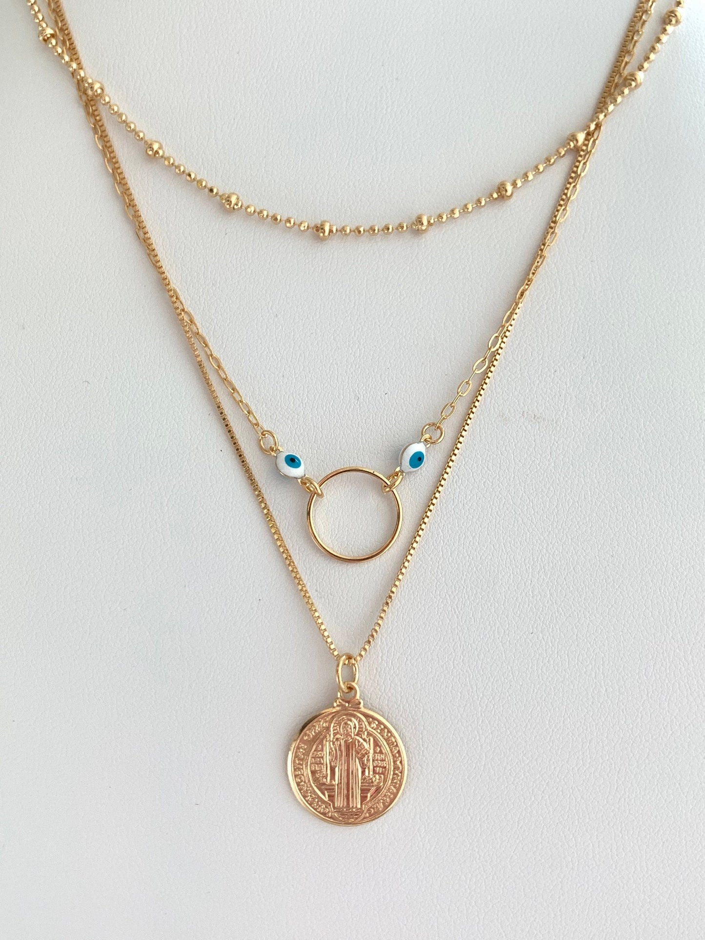 Gold Filled Layered Necklace | Saint Benedict Charm | 15" + 2"