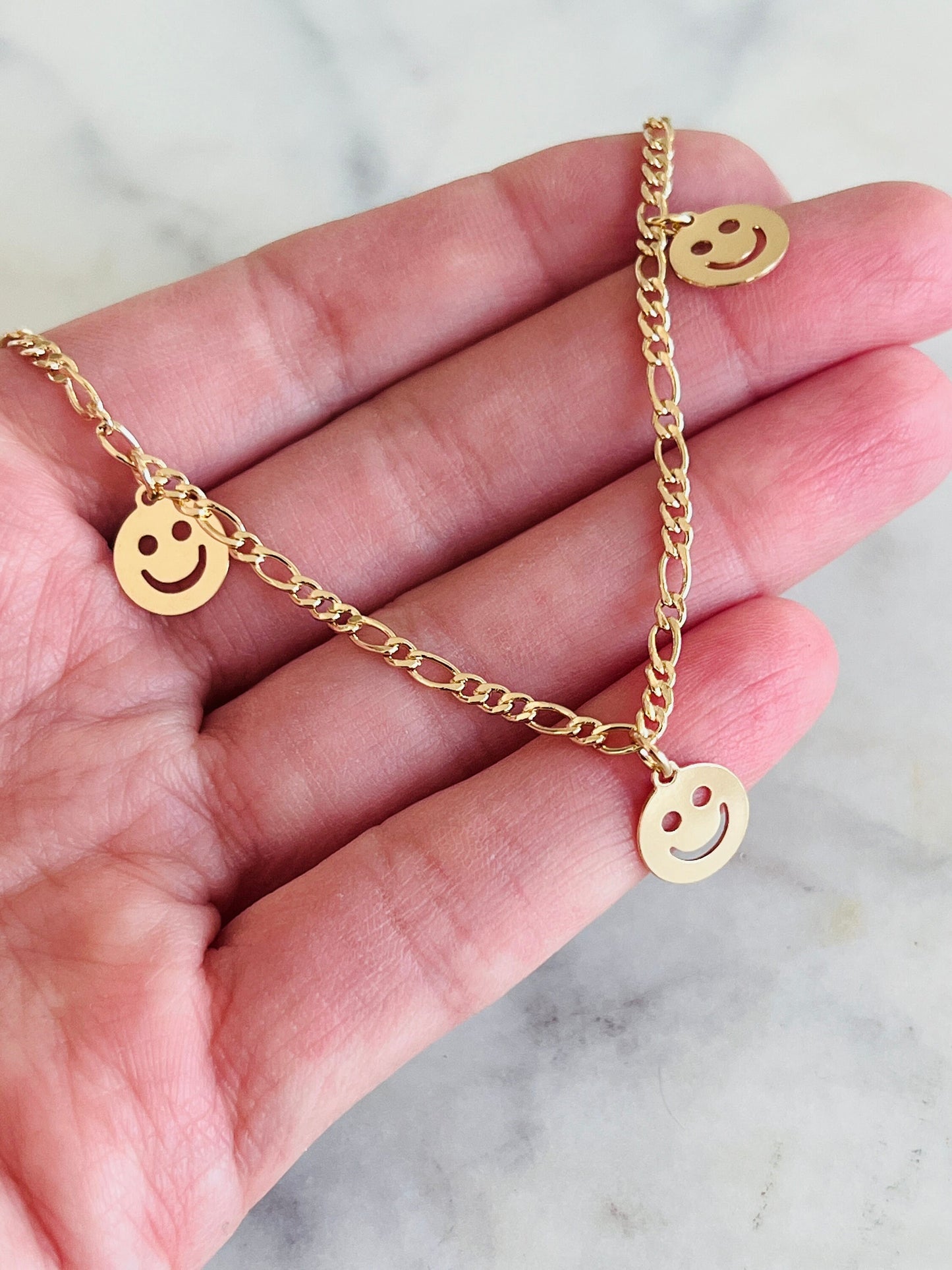 Gold Filled Smiley Figaro Bracelet | Trendy Gold Charm Jewelry