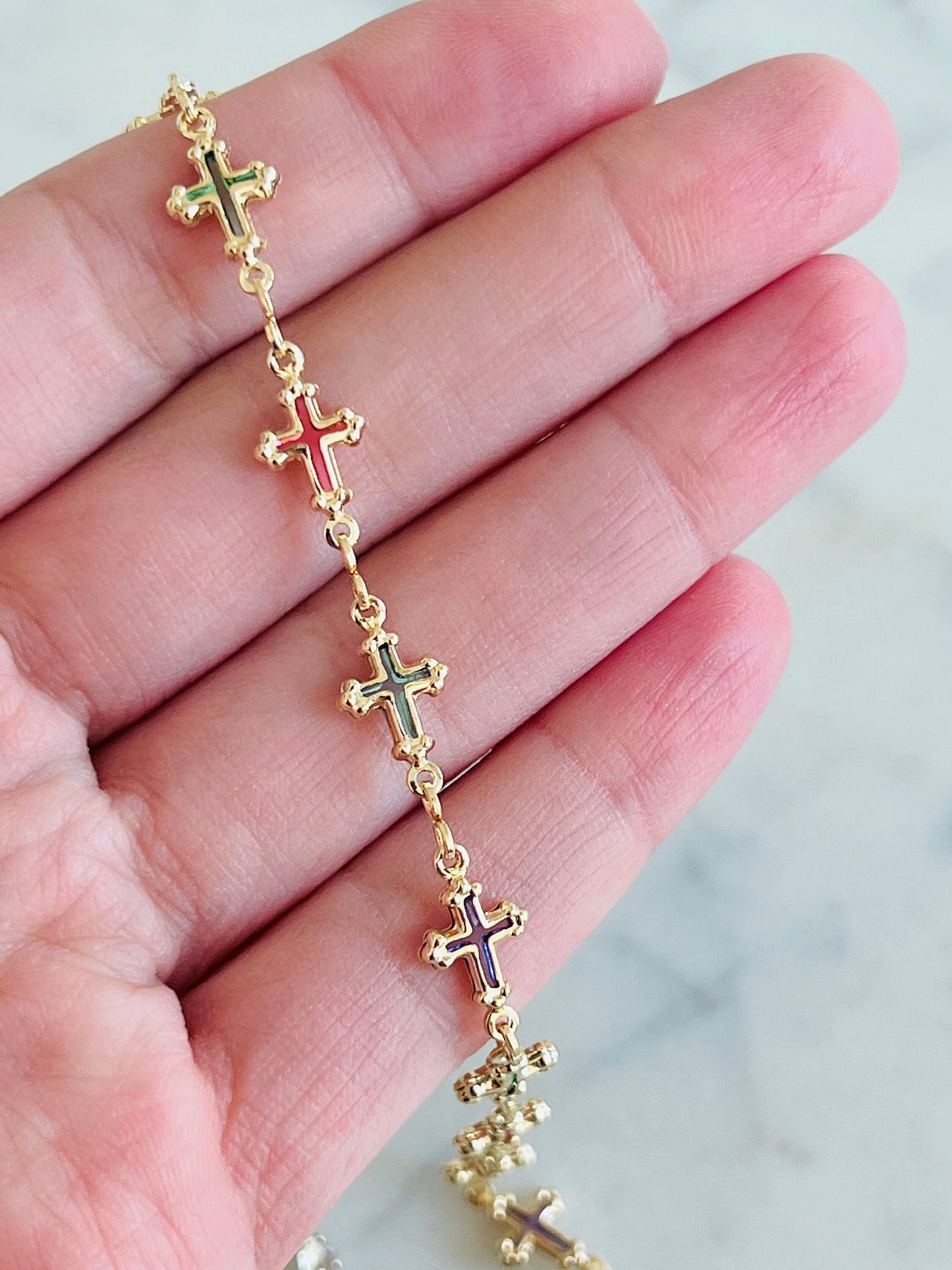 Gold Filled Anklet | Gemstone Cross Charm | 10" | 7mm Width