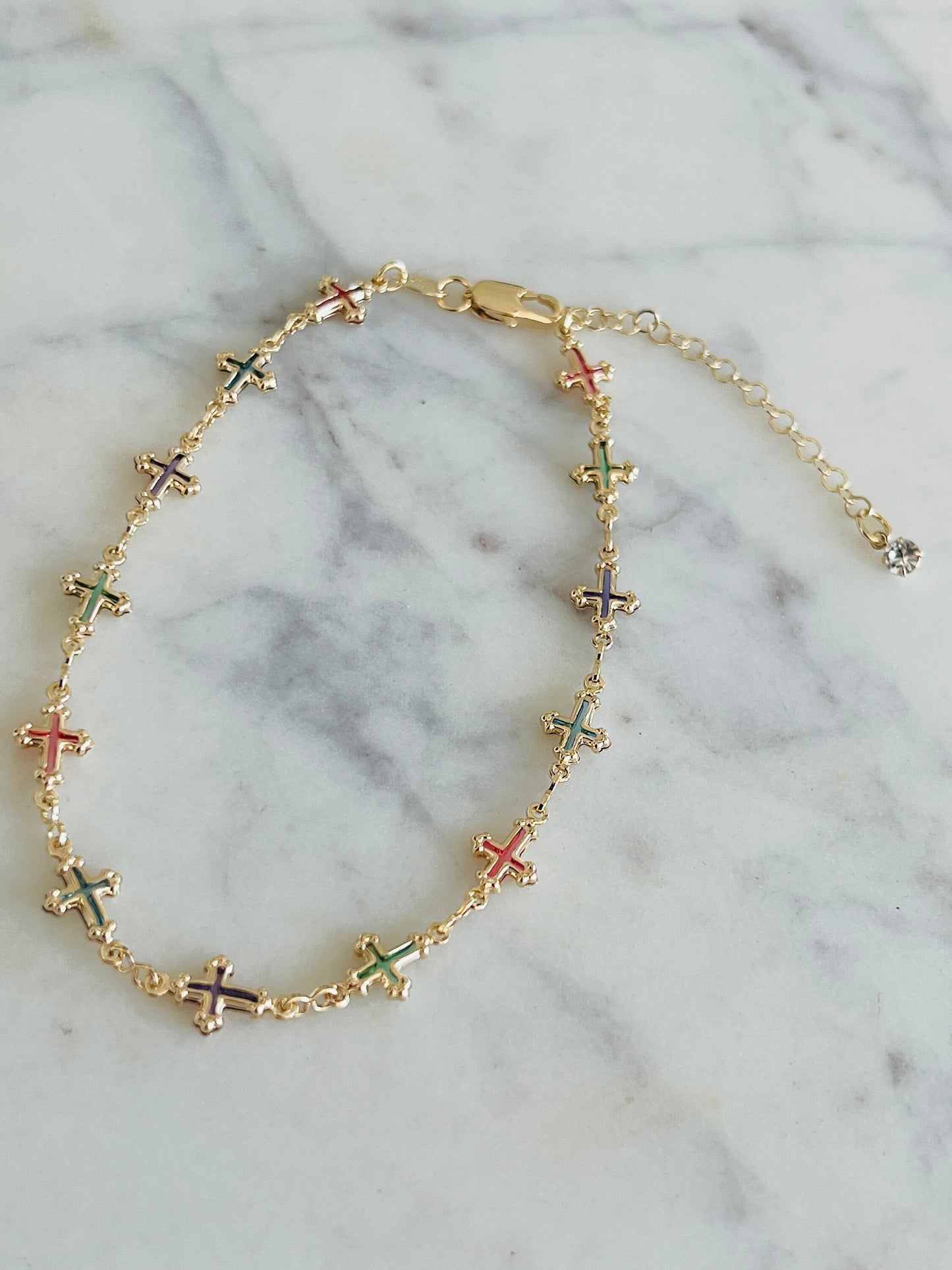 Gold Filled Anklet | Gemstone Cross Charm | 10" | 7mm Width