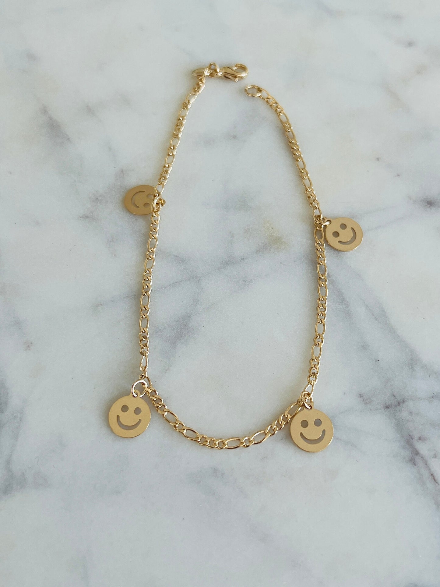 Gold Filled Smiley Figaro Bracelet | Trendy Gold Charm Jewelry