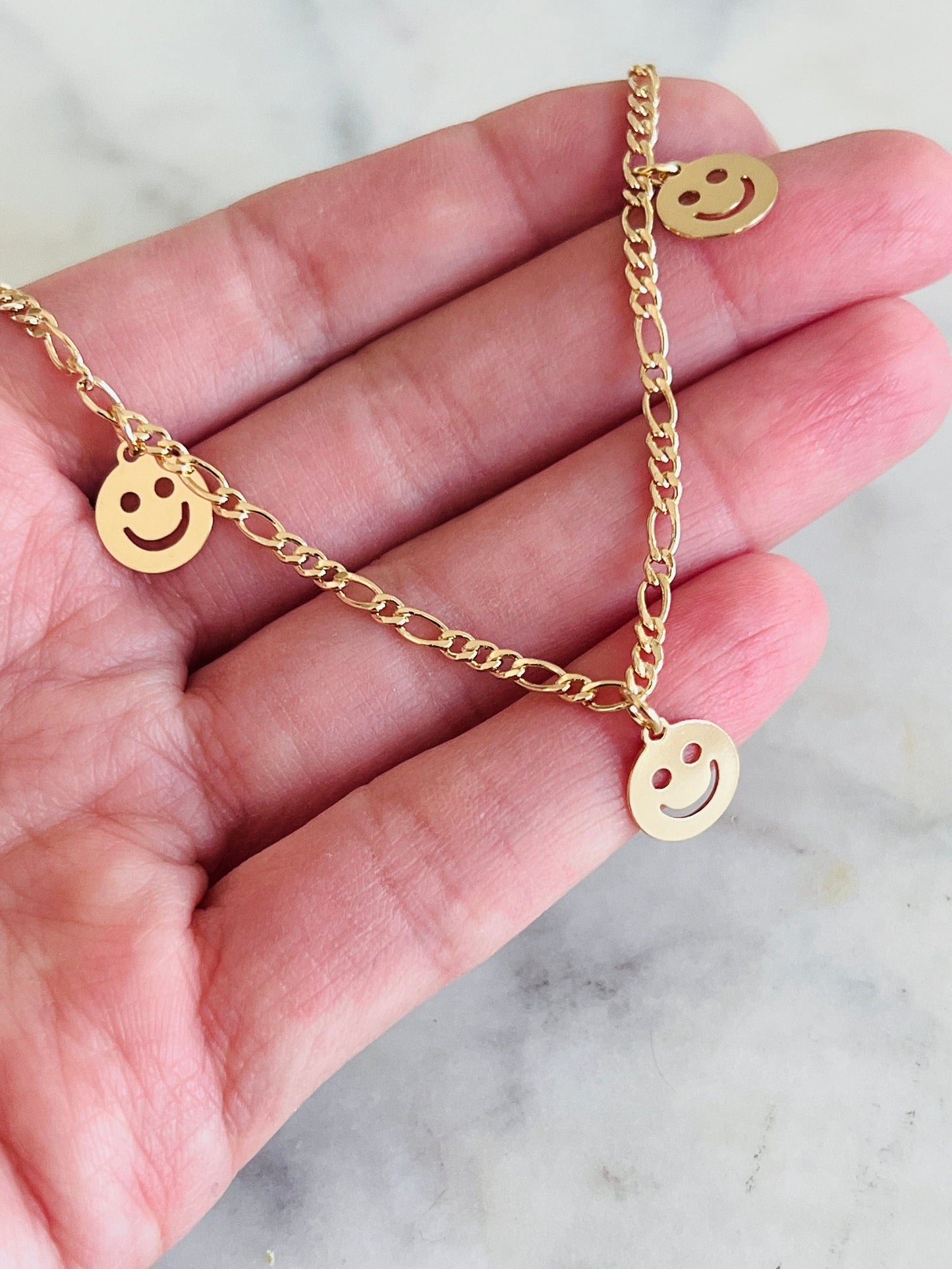 Gold Filled Smiley Figaro Bracelet | Trendy Gold Charm Jewelry