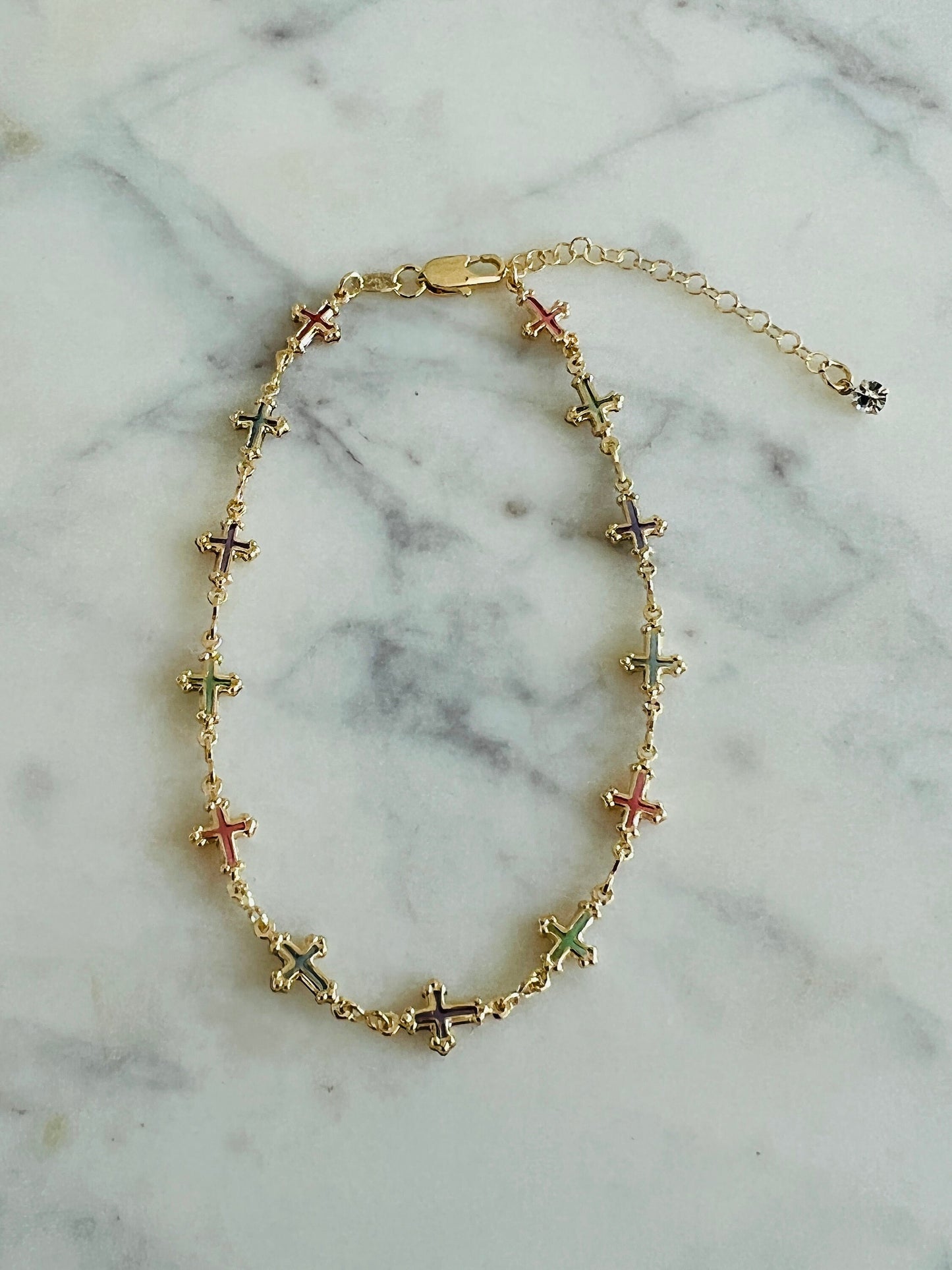 Gold Filled Anklet | Gemstone Cross Charm | 10" | 7mm Width