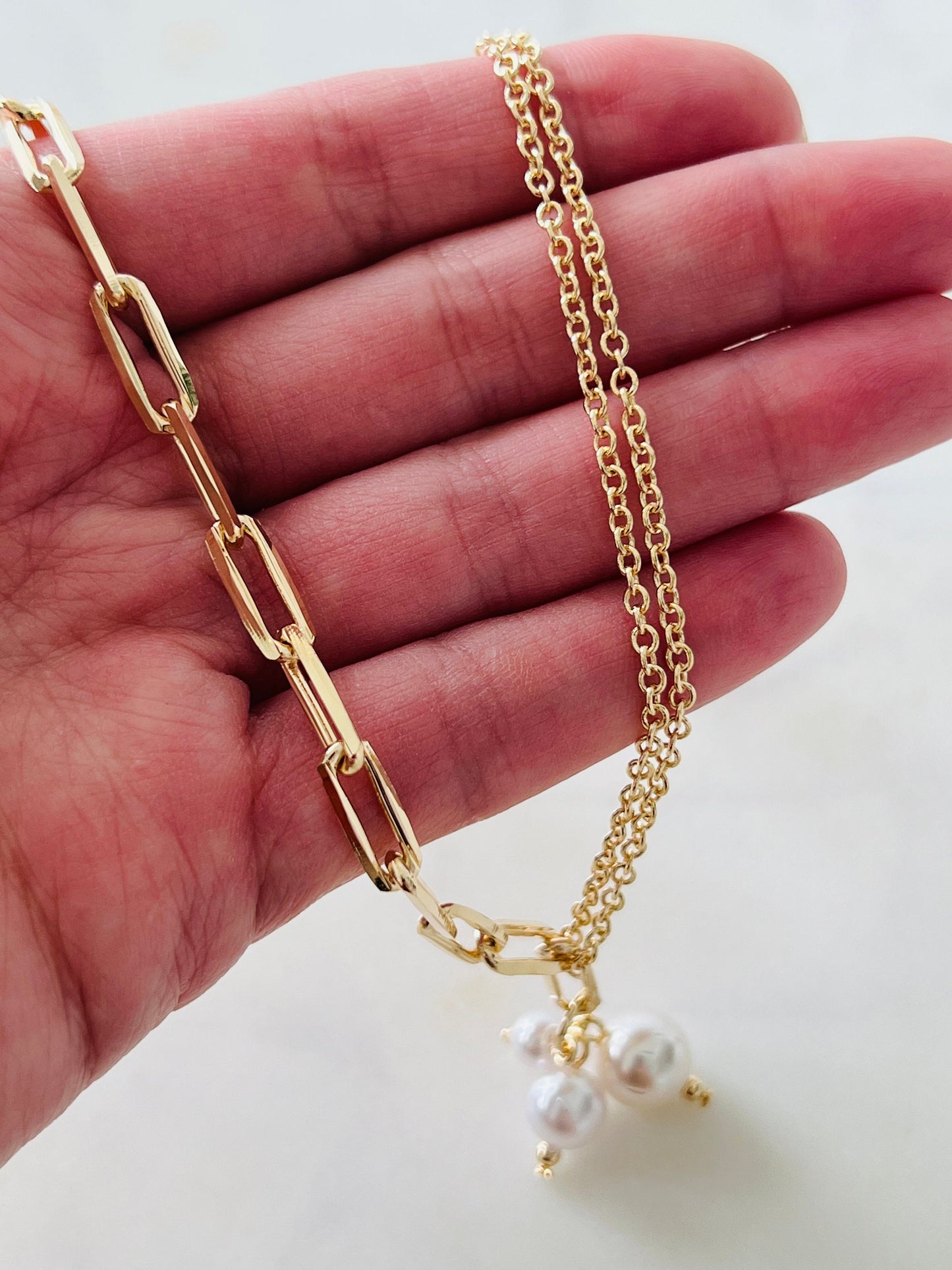 Gold Filled Paperclip Toggle Necklace | Pearl Accent 18"