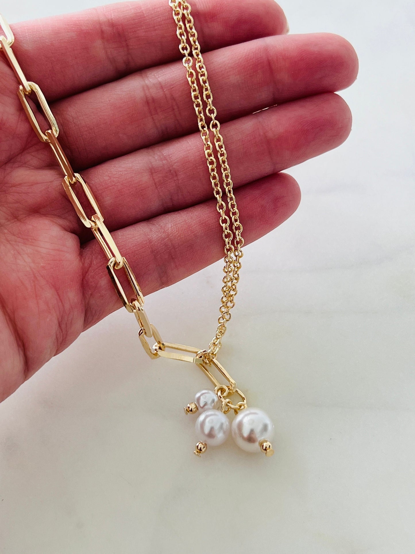 Gold Filled Paperclip Toggle Necklace | Pearl Accent 18"