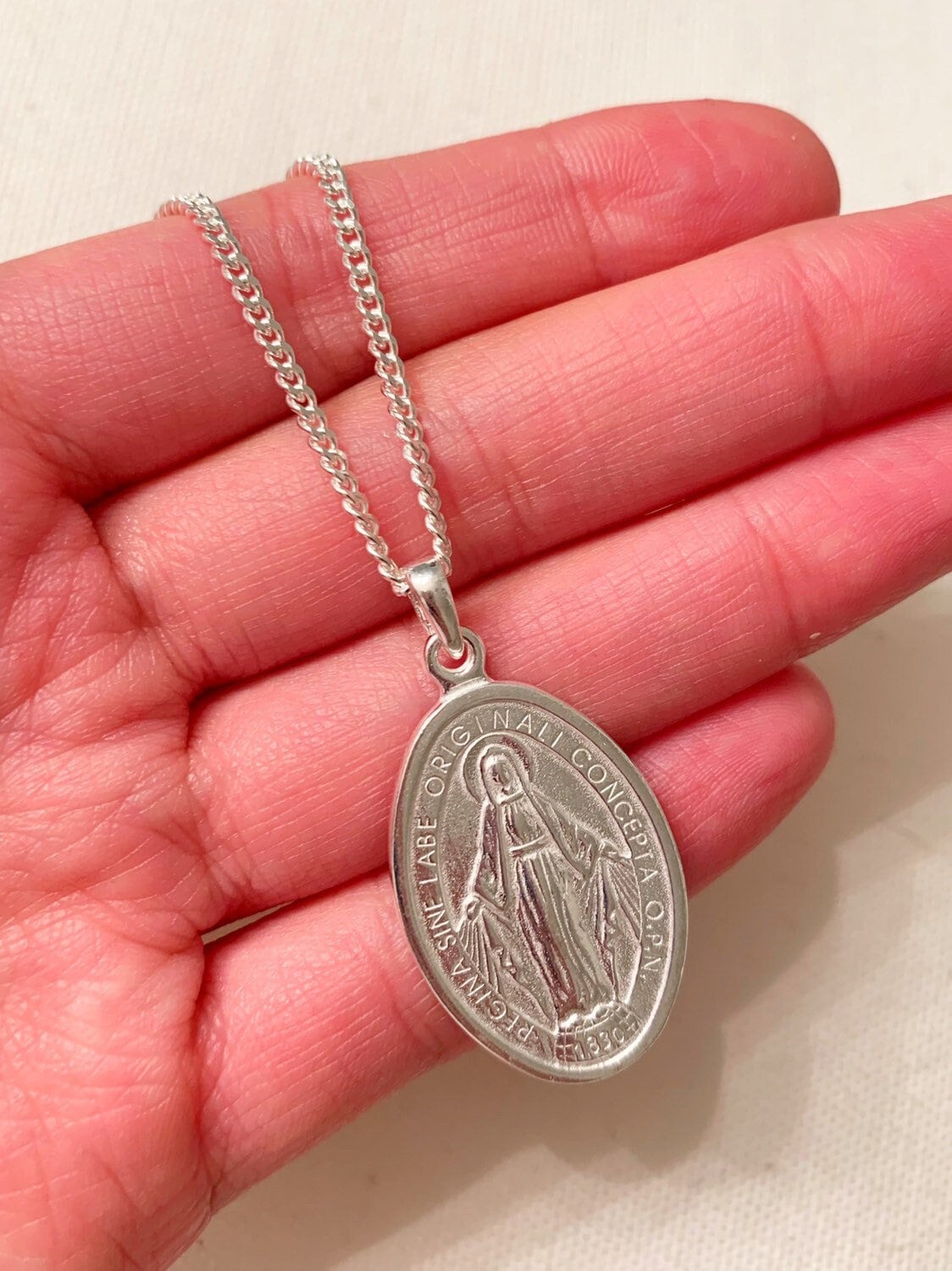 Sterling Silver Curb Necklace | Miraculous Medal Charm