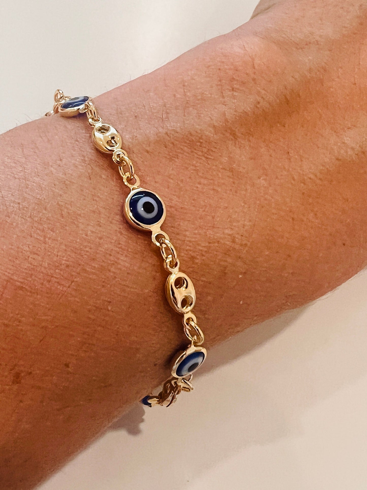 Gold Filled Puff Bracelet | Evil Eye Accent | 7" to 7.5"