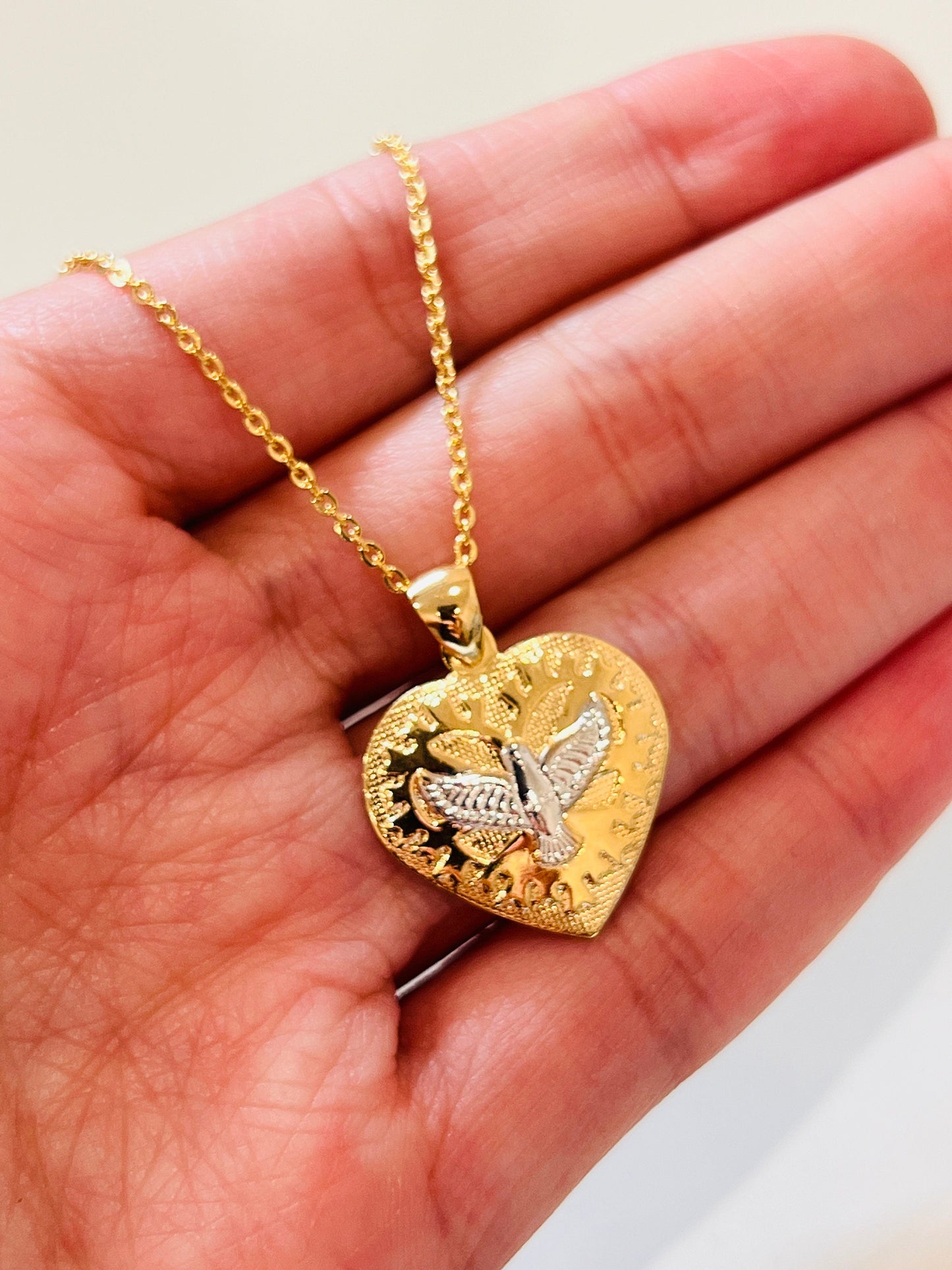 Gold Filled Holy Spirit Heart Necklace | 18mm Pendant Charm