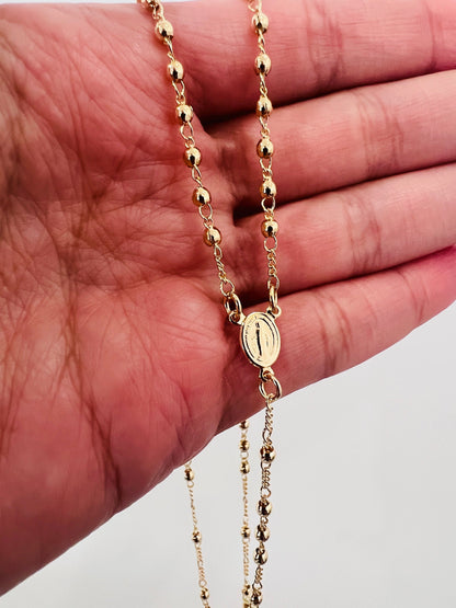 18KT Gold Filled Necklaces, Gold Filled Virgin Mary Rosary Necklace | 18" with 2mm Beads & Petite Cross by HAUS OF MONOGRAM