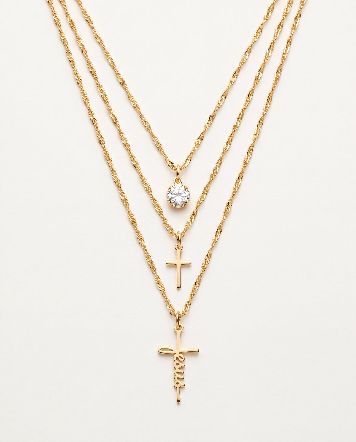 18KT Gold Filled Necklaces, Gold Filled Triple Layered Necklace | CZ & Cross Charm by HAUS OF MONOGRAM