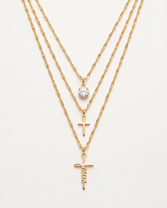 18KT Gold Filled Necklaces, Gold Filled Triple Layered Necklace | CZ & Cross Charm by HAUS OF MONOGRAM