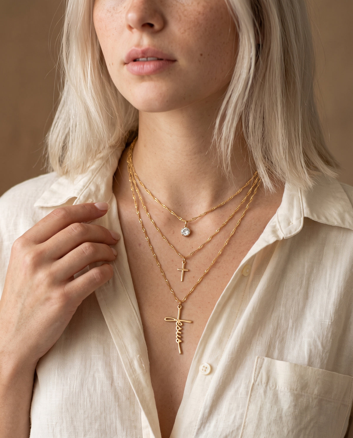 Gold Filled Triple Layered Necklace worn by a model