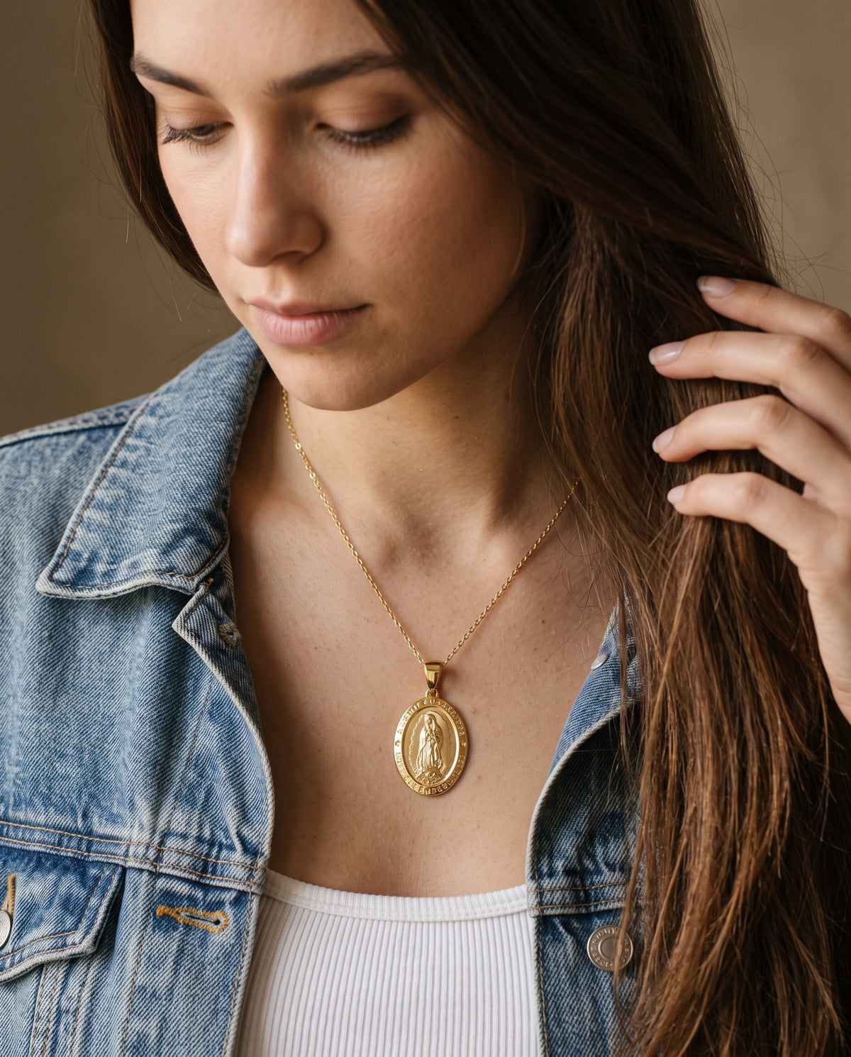 Our Lady of Guadalupe Necklace worn by a model