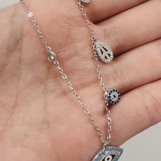 Women's Chain, Sterling Silver Charm Necklace, Evil Eye Charm Necklace, Layering necklace, Dainty Necklace, Silver Chain with Charms, Silver