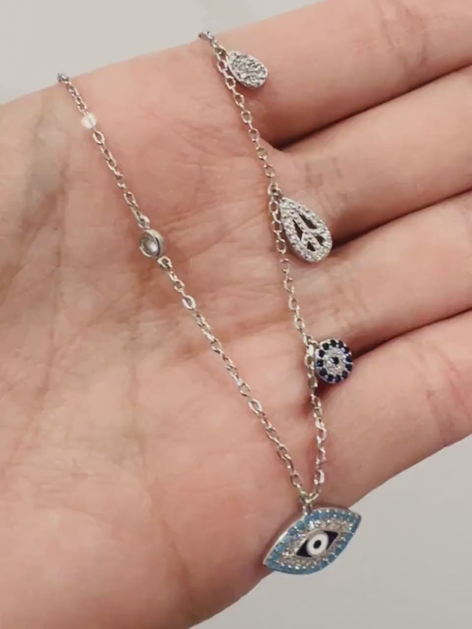 Women's Chain, Sterling Silver Charm Necklace, Evil Eye Charm Necklace, Layering necklace, Dainty Necklace, Silver Chain with Charms, Silver