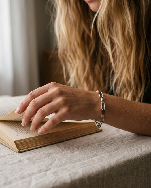 Stainless Steel 6mm Paperclip Bracelet worn by a model