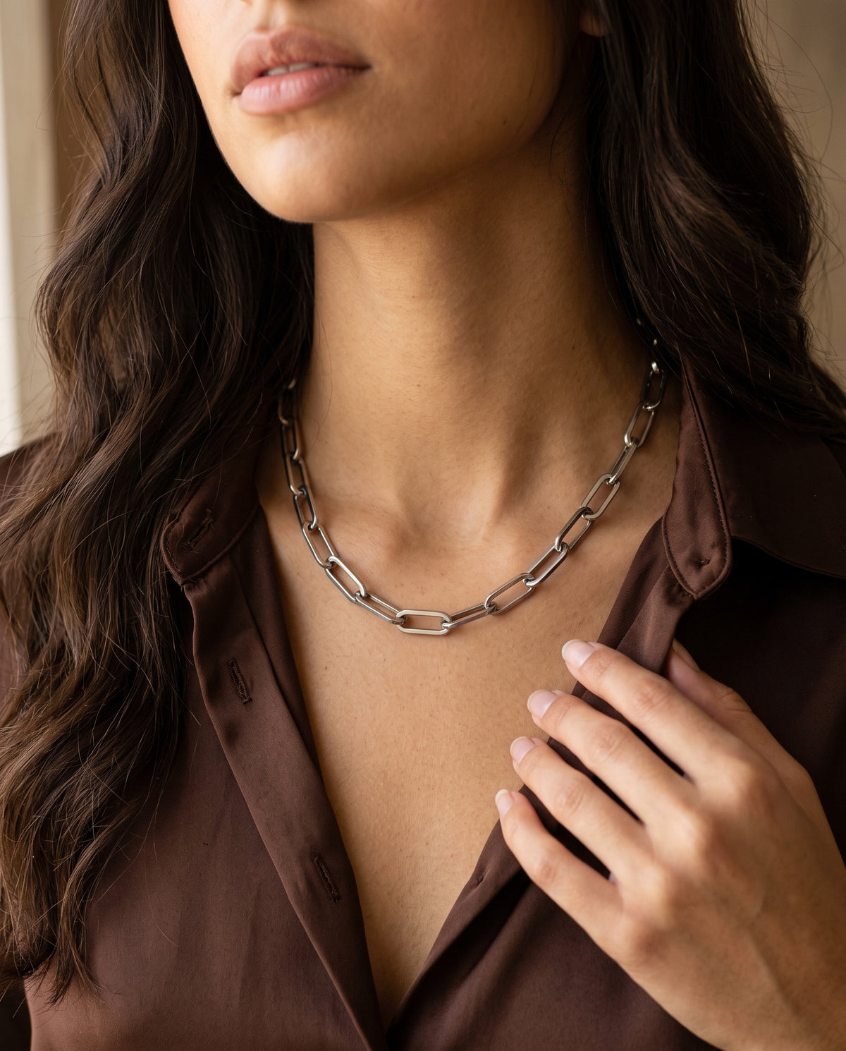 Stainless Steel 6mm Paperclip Necklace worn by a model