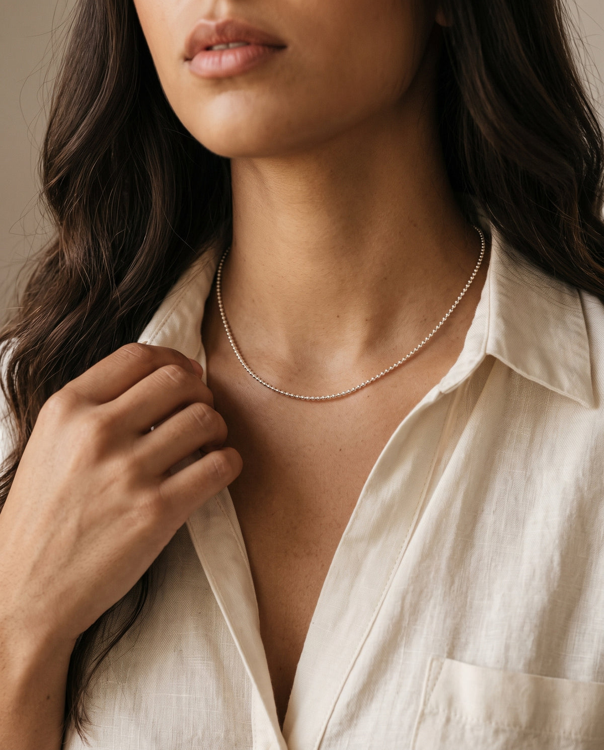 Sterling Silver 0.8mm Ball Necklace worn by a model