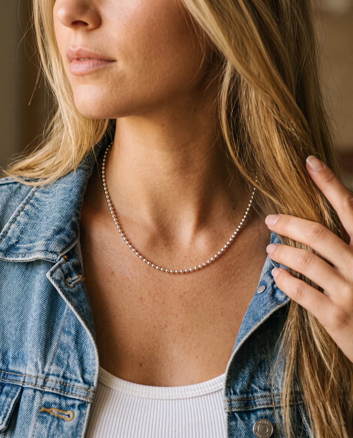 Sterling Silver 1.5mm Ball Chain worn by a model