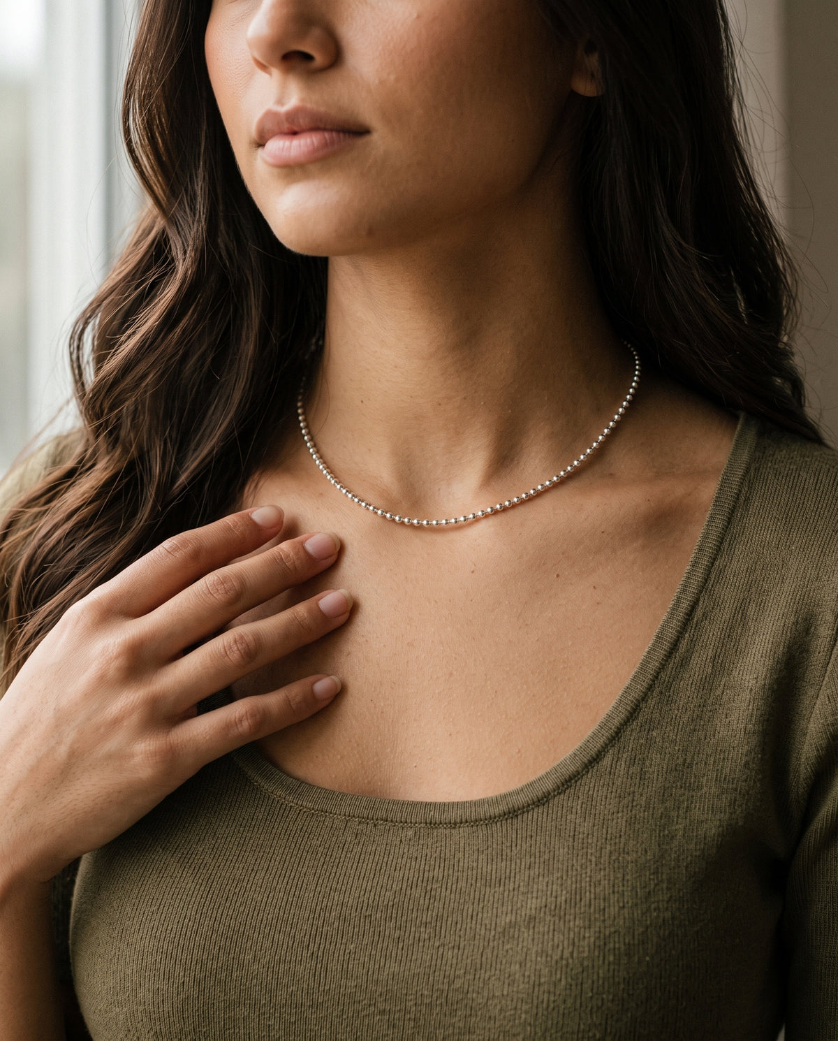 Sterling Silver 1.5mm Ball Necklace worn by a model