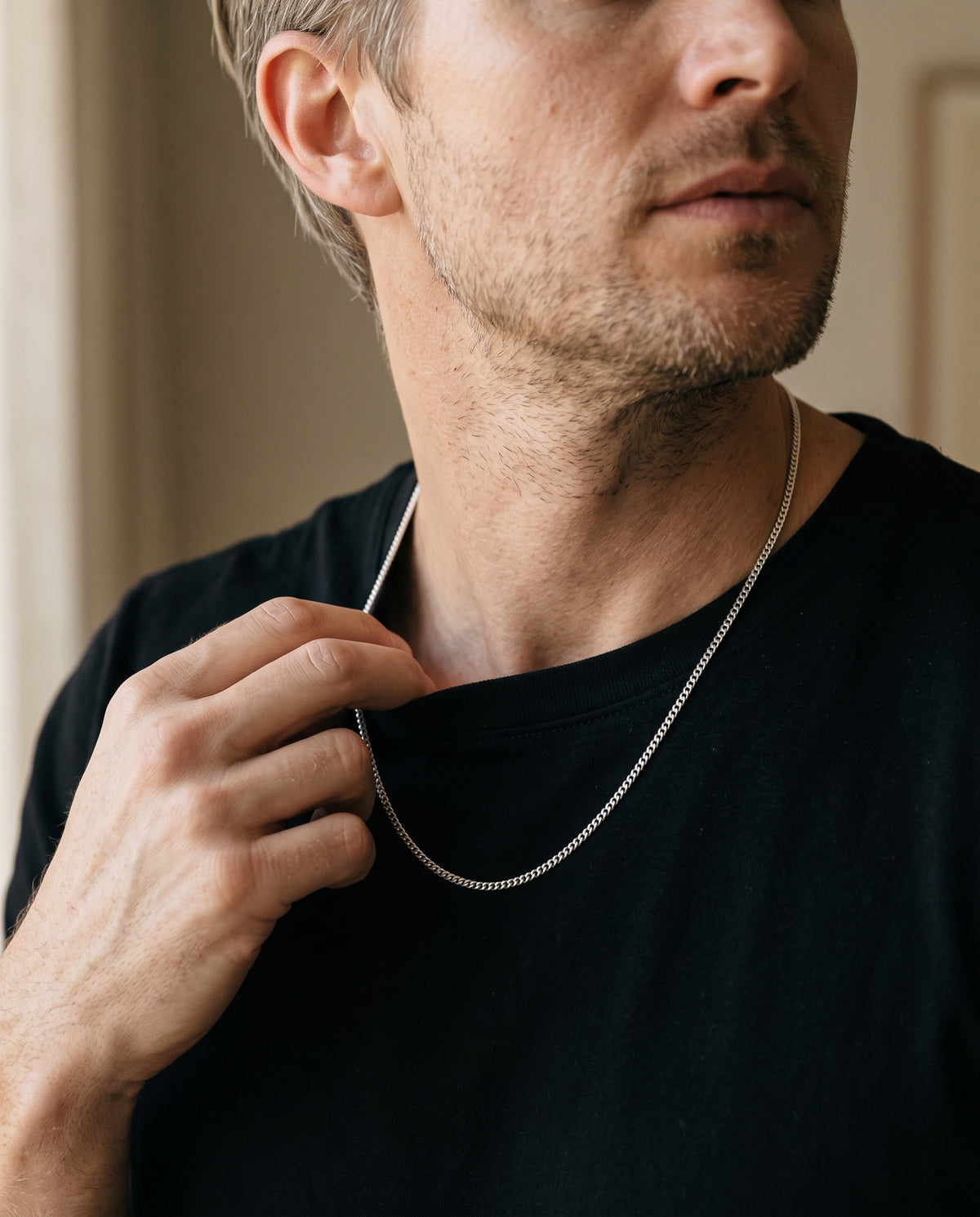 Sterling Silver 1mm Curb Chain worn by a model