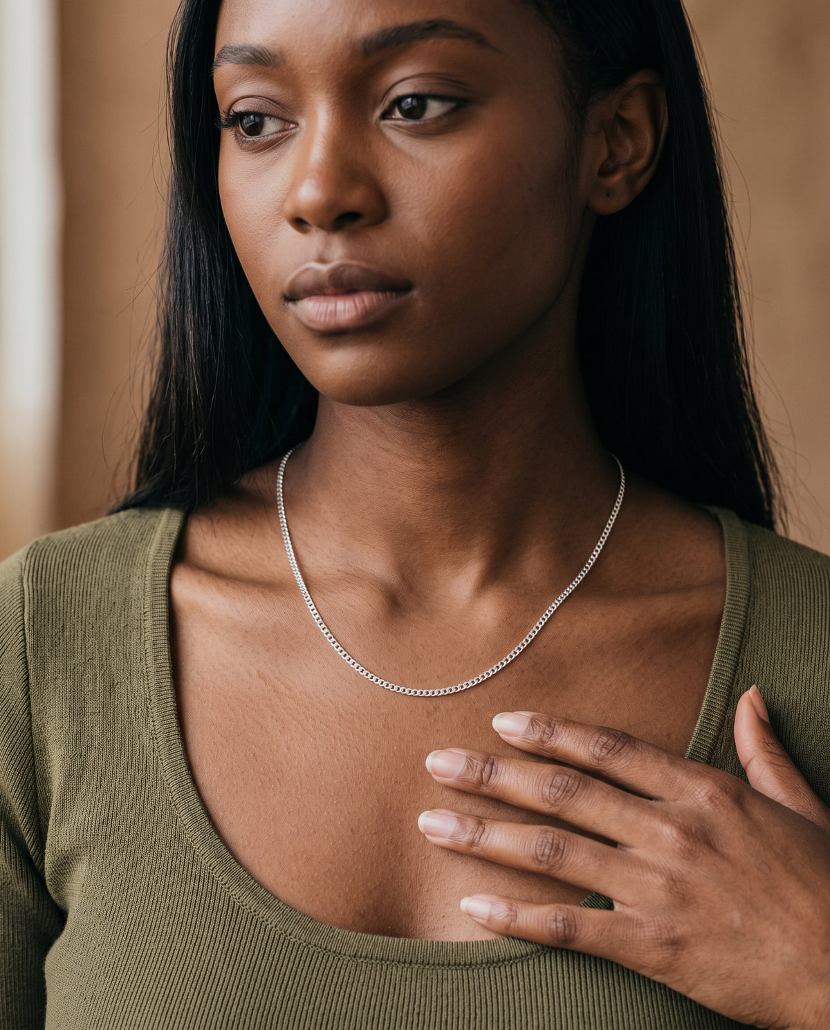 Sterling Silver 1mm Curb Necklace worn by a model