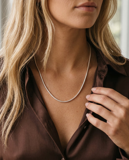 Sterling Silver 2mm Snake Chain worn by a model