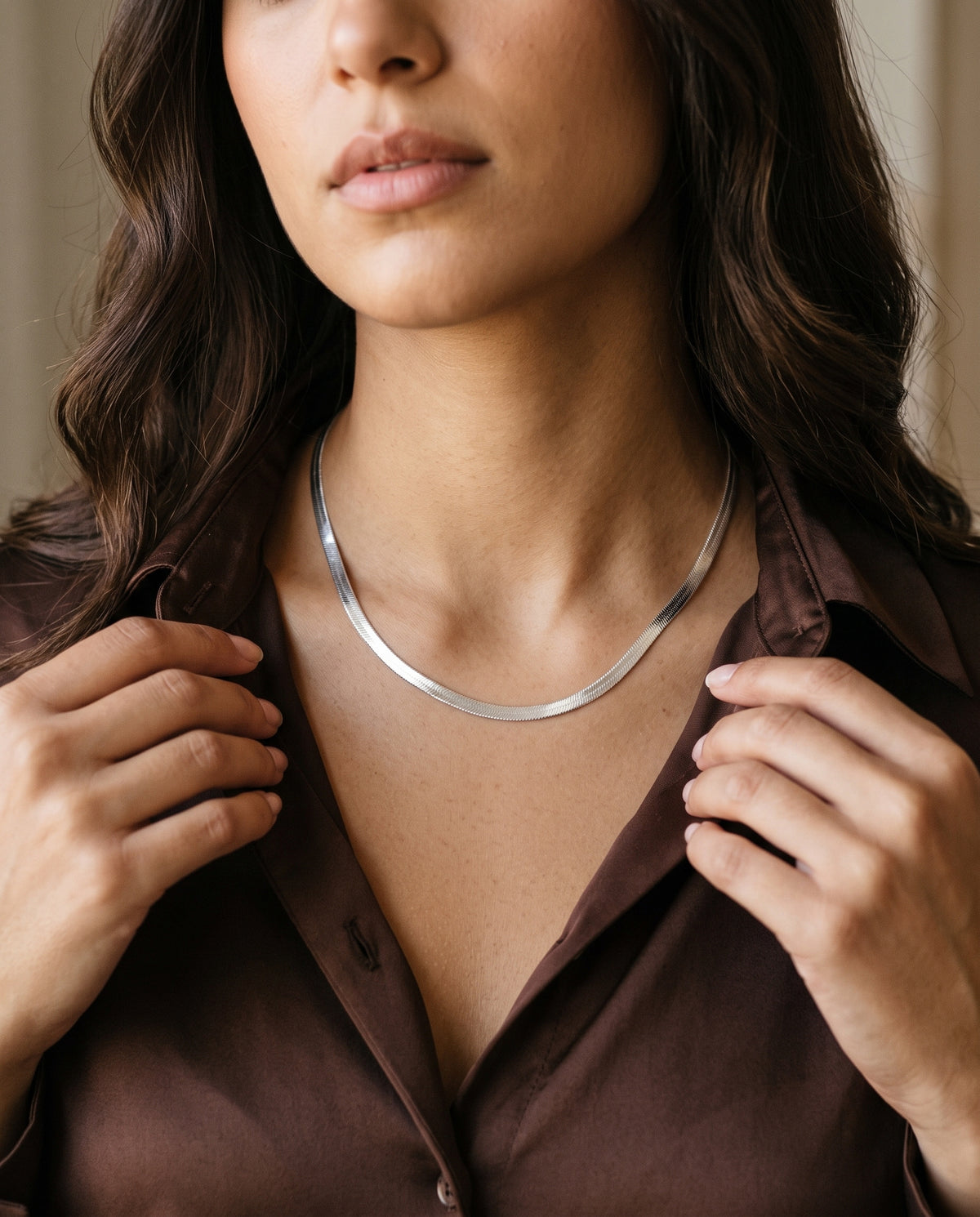 Sterling Silver 3mm Herringbone Necklace worn by a model