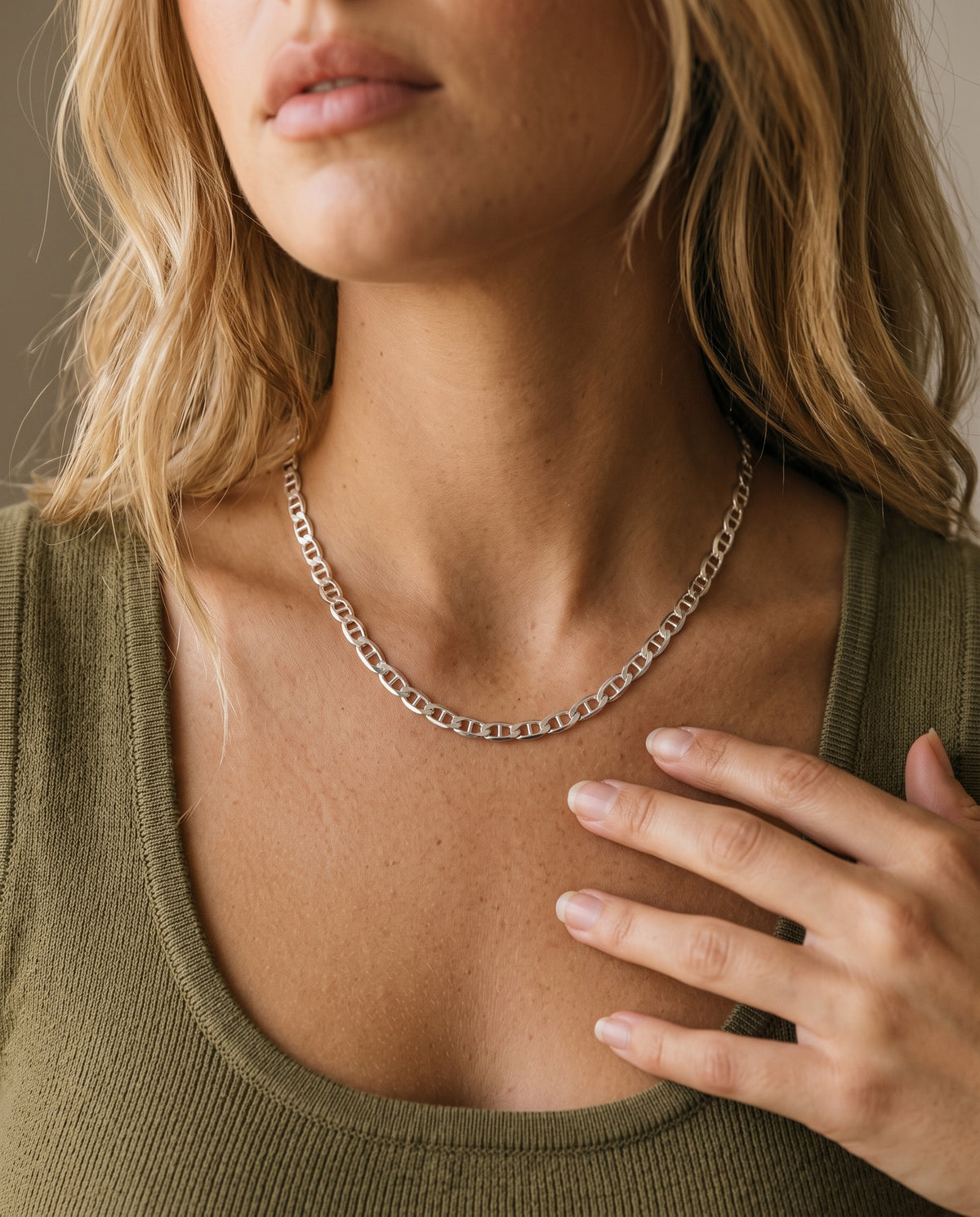 Sterling Silver 3mm Mariner Chain worn by a model