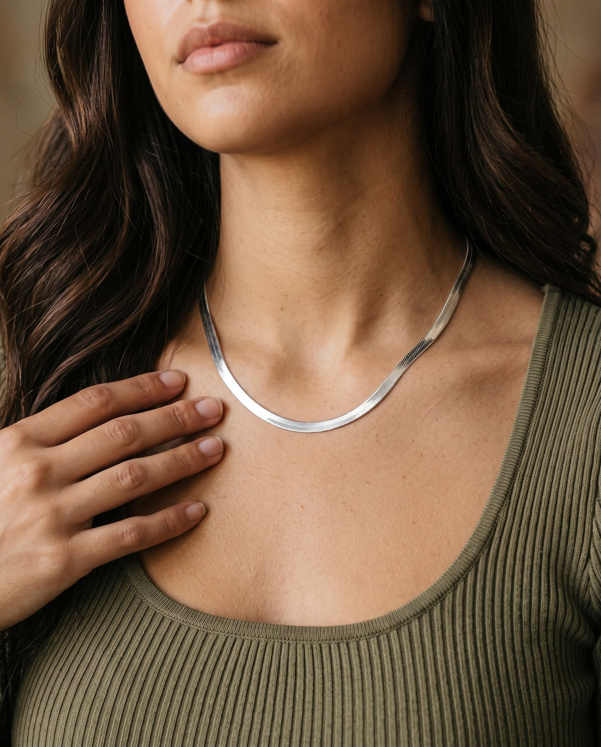 Sterling Silver 4mm Herringbone Necklace worn by a model