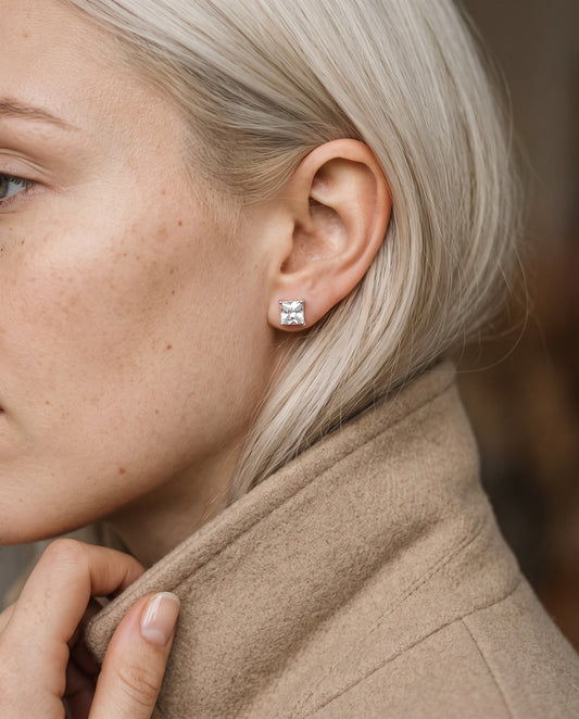 Sterling Silver 5mm Princess Cut Studs worn by a model