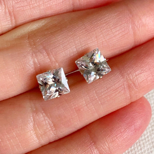925 Sterling Silver Earrings, Sterling Silver 8mm CZ Stud Earrings | Princess Cut Sparkle by HAUS OF MONOGRAM