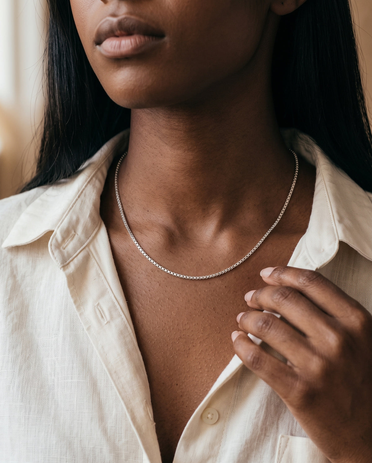 Sterling Silver Box Necklace worn by a model