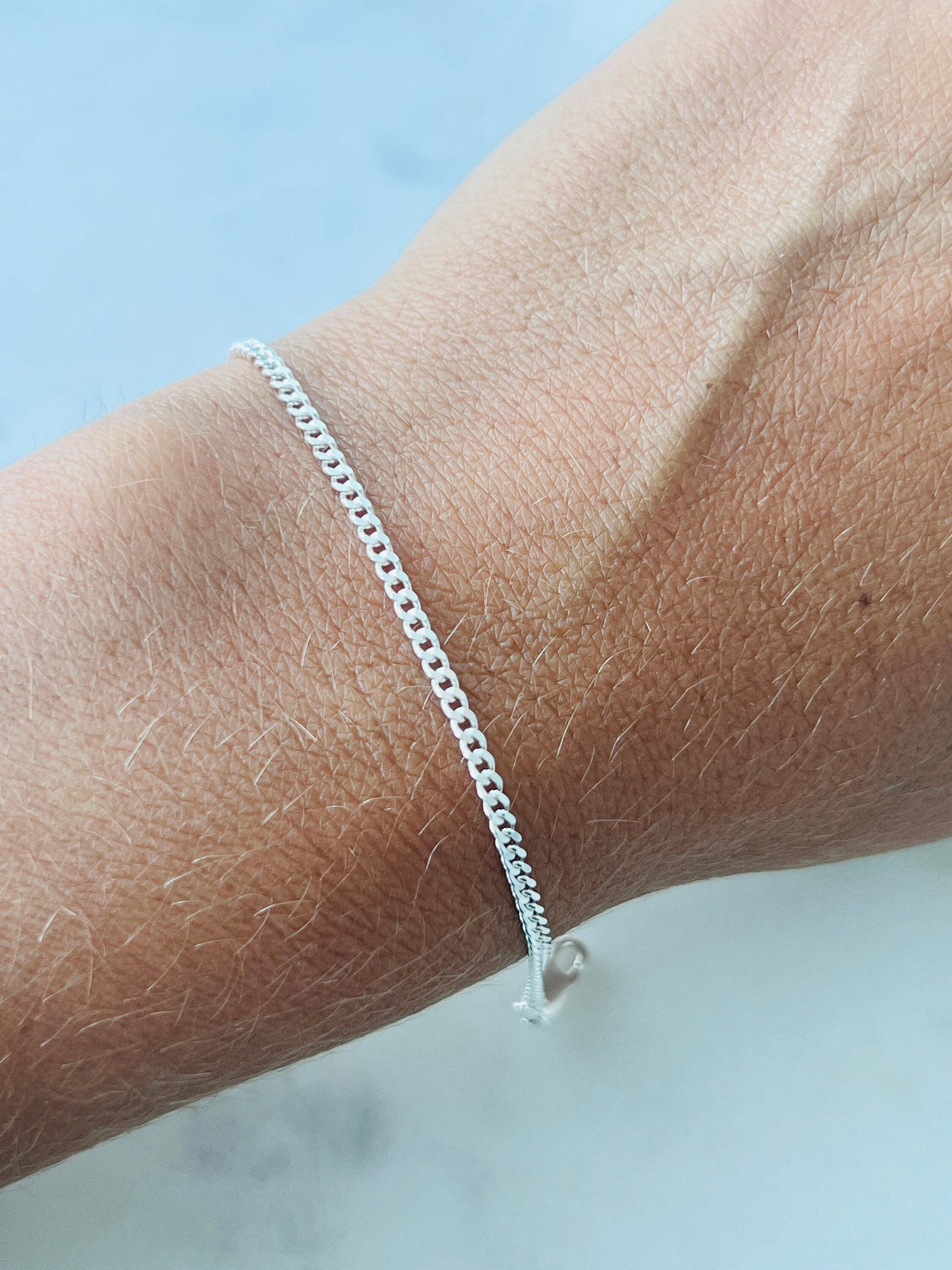 925 Sterling Silver Bracelets, Sterling Silver Curb Bracelet | 1mm Slim Unisex Chain by HAUS OF MONOGRAM