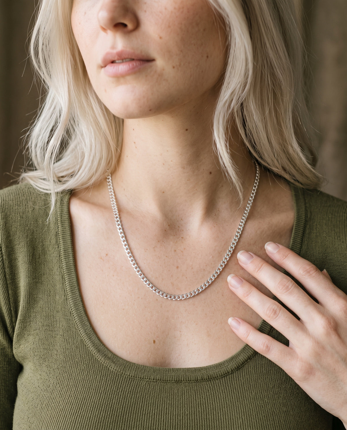 Sterling Silver Curb Chain worn by a model