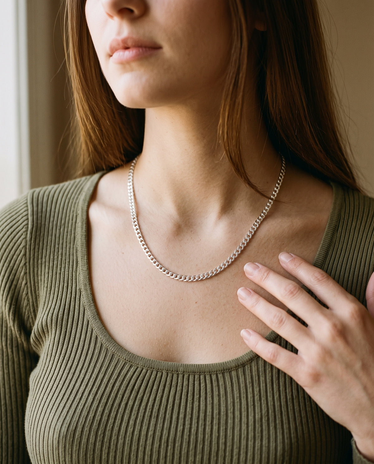 Sterling Silver Curb Necklace worn by a model