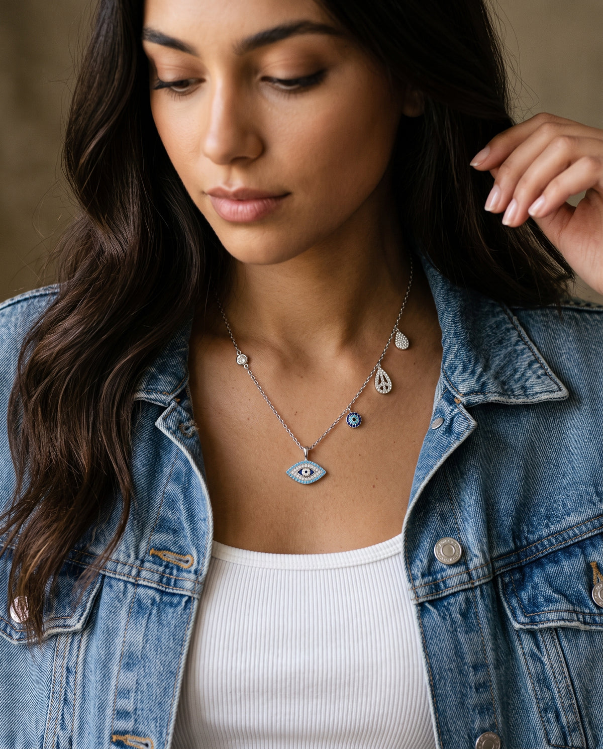 Sterling Silver Evil Eye Charm Necklace worn by a model