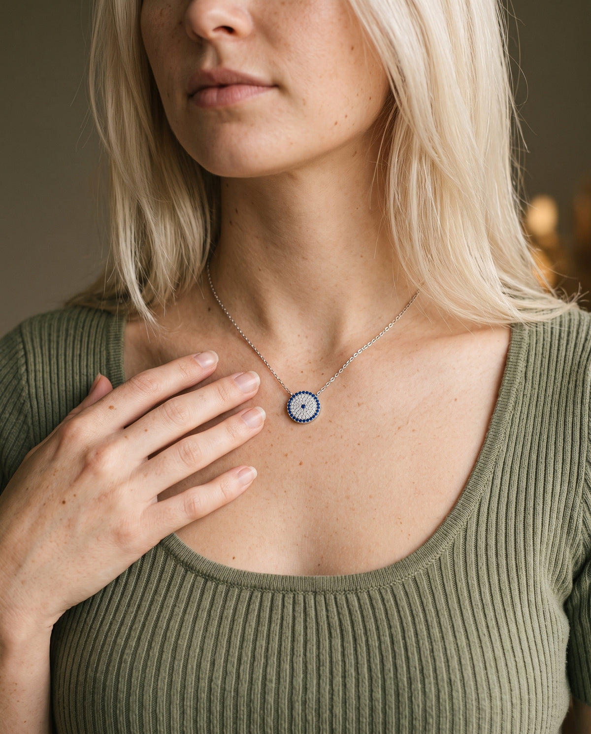 Sterling Silver Evil Eye Charm Necklace worn by a model