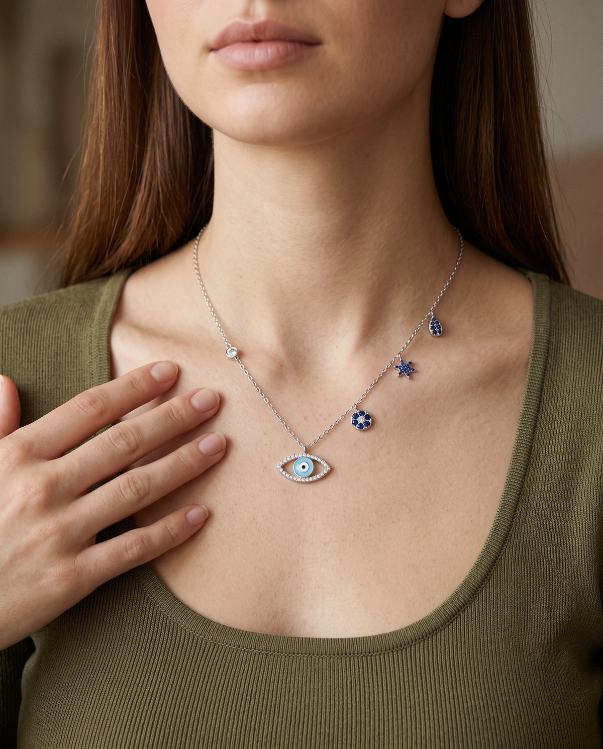 Sterling Silver Evil Eye Necklace worn by a model