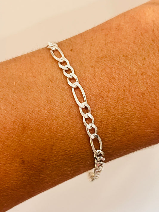 925 Sterling Silver Bracelets, Sterling Silver Figaro Bracelet | 4mm Classic Chain Shine by HAUS OF MONOGRAM