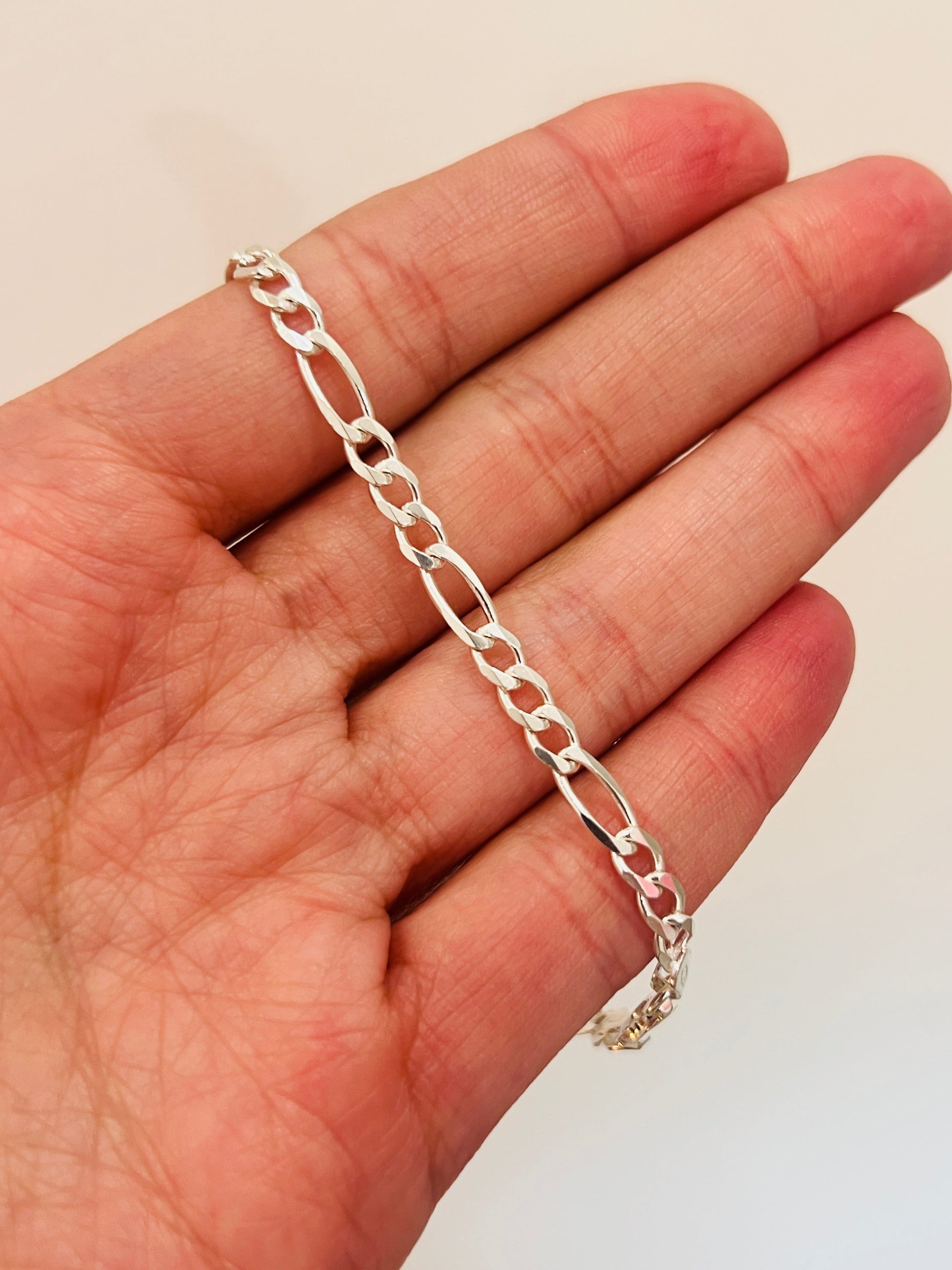 925 Sterling Silver Bracelets, Sterling Silver Figaro Bracelet | 4mm Classic Chain Shine by HAUS OF MONOGRAM