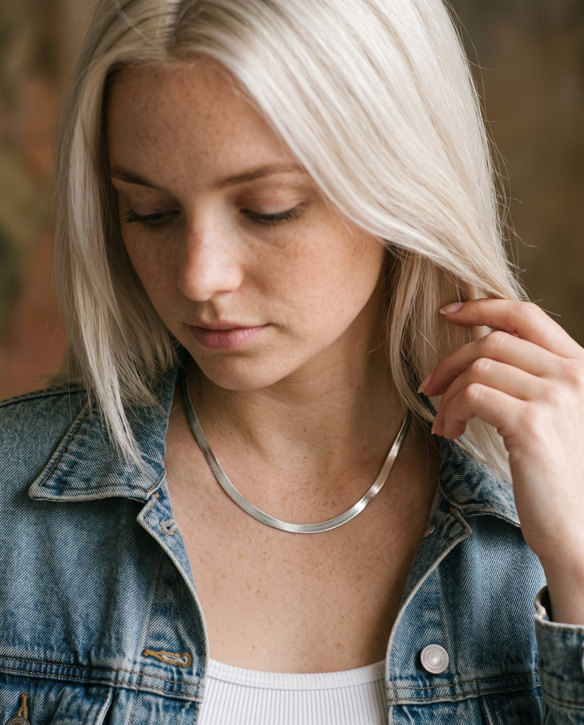 Sterling Silver Herringbone Necklace worn by a model