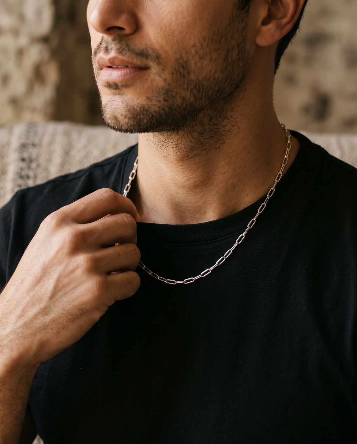 Sterling Silver Paperclip Chain worn by a model