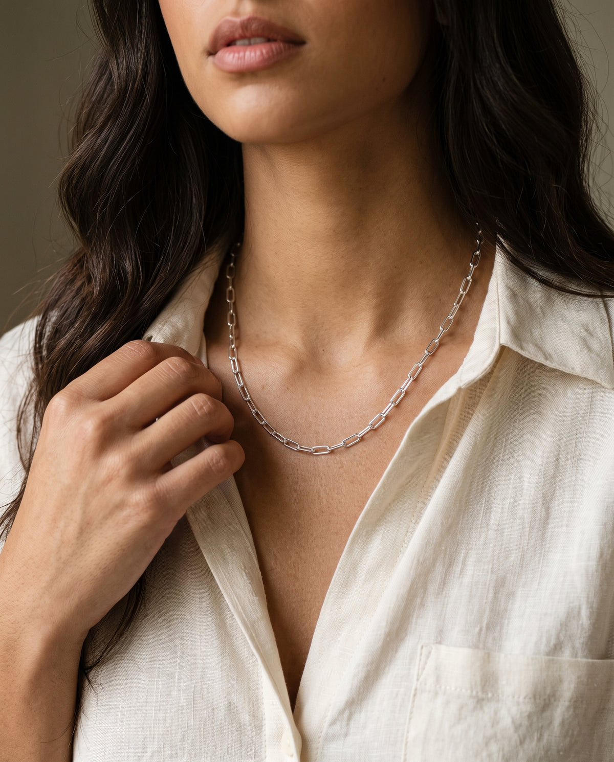 Sterling Silver Paperclip Necklace worn by a model