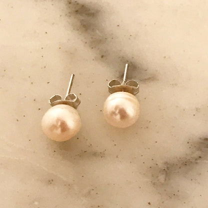 925 Sterling Silver Earrings, Sterling Silver Pearl Studs | 8mm Classic Elegance Pair by HAUS OF MONOGRAM