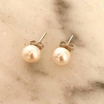 925 Sterling Silver Earrings, Sterling Silver Pearl Studs | 8mm Classic Elegance Pair by HAUS OF MONOGRAM