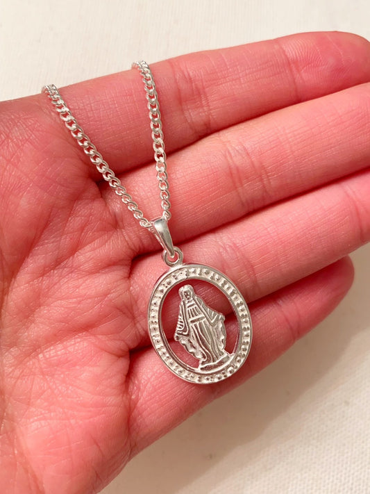 925 Sterling Silver Men's Chains, Sterling Silver Virgin Mary Pendant Necklace | 2mm Curb Chain | Religious Jewelry by HAU...